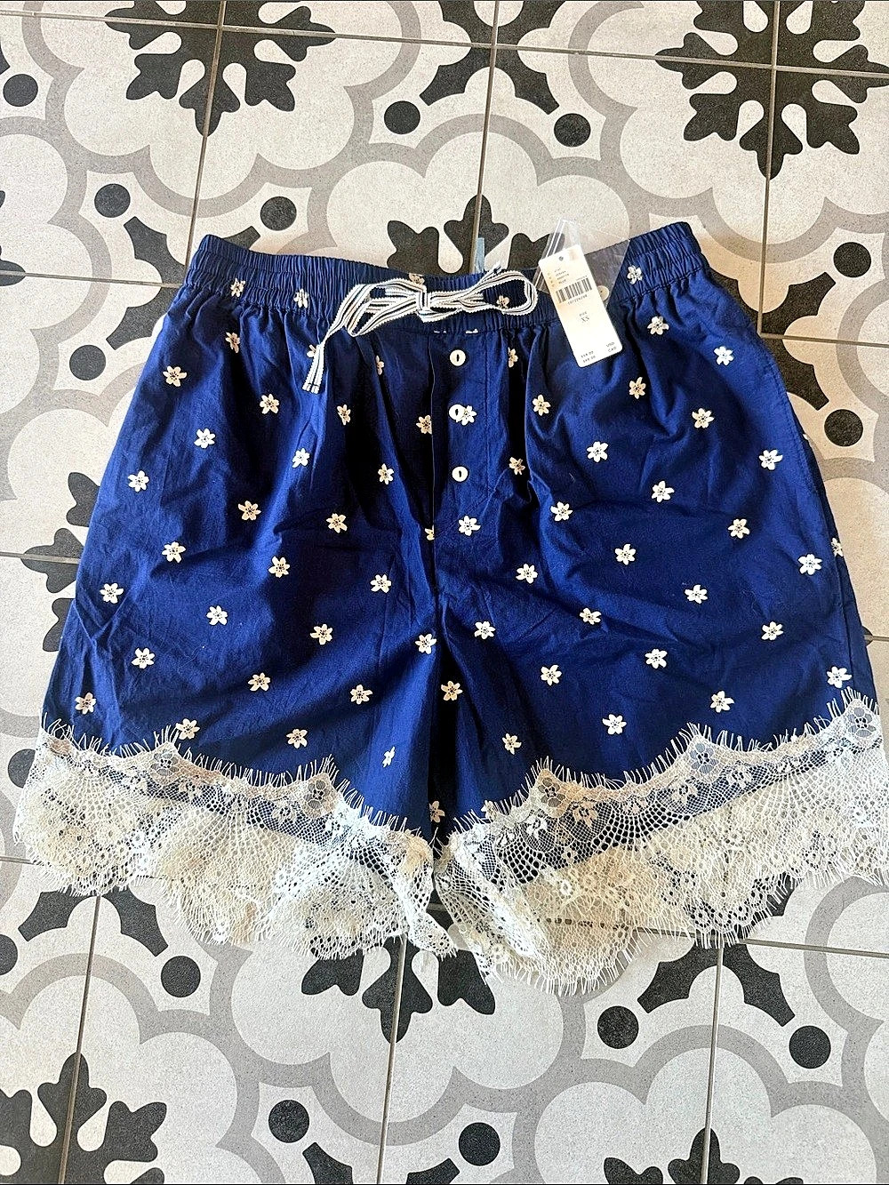 Anthropologie Floral Lace Boxer Shorts Blue & White XS